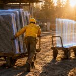 A worker pushing a cart loaded with thick heavy picture slabs beside an identical cart carrying the same pictures thin as glass