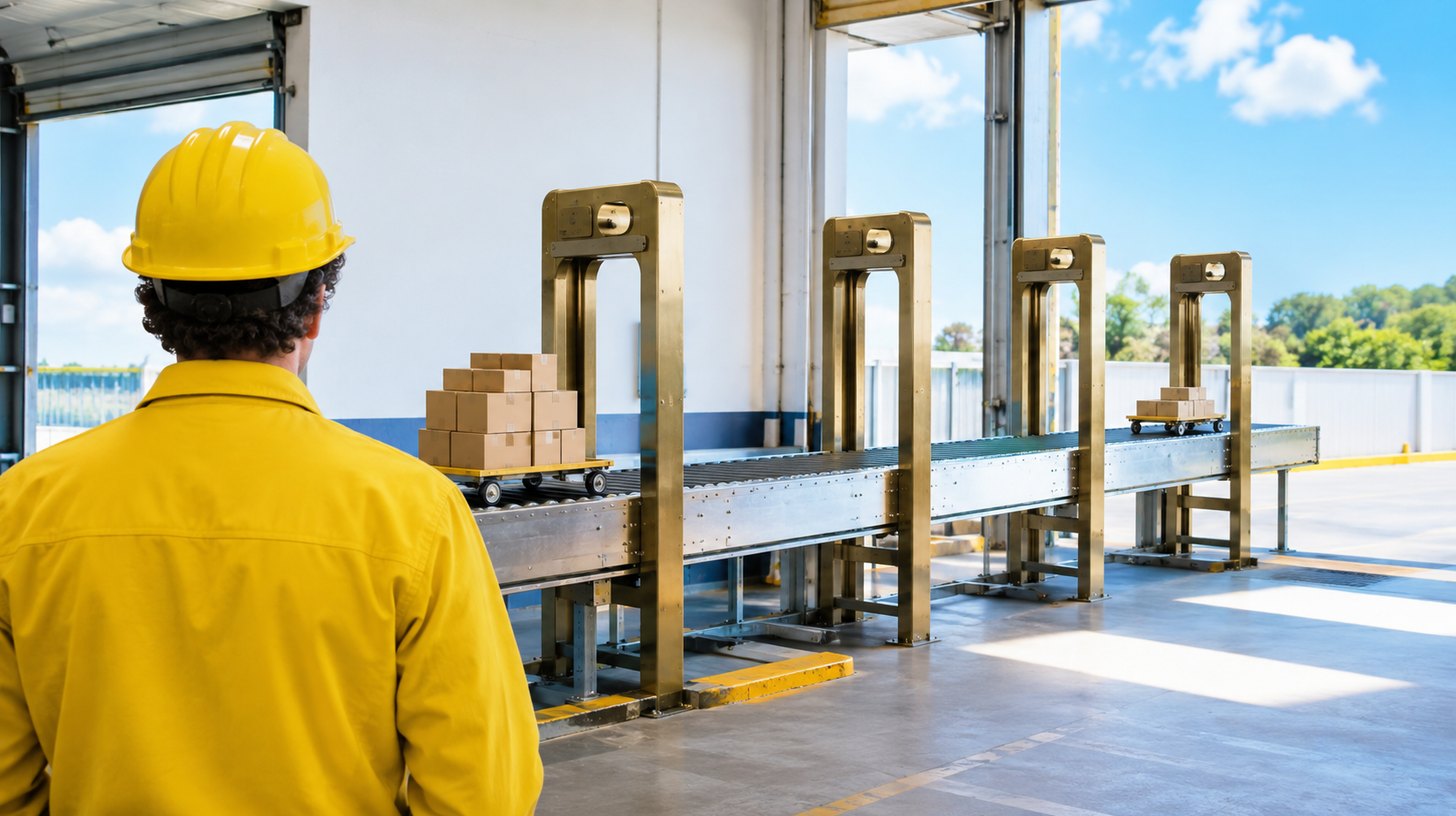 A worker watches a cart of goods pass through four brass toll gates on a long ramp