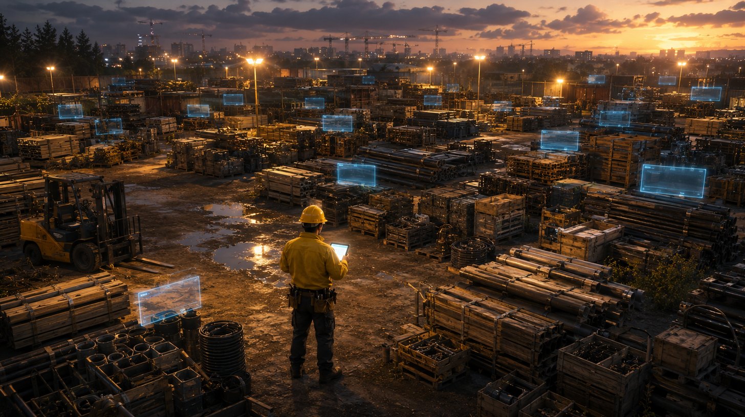 A contractor yard at dusk crowded with dozens of nearly identical stacks of lumber and pipe, a worker in the middle searching on a tablet