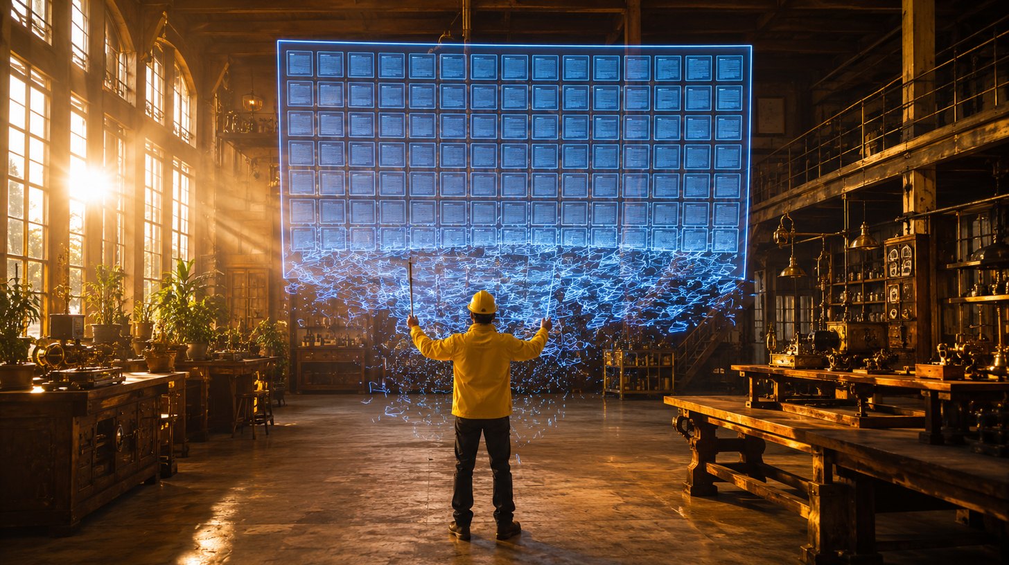 A worker in a yellow uniform holding a glowing invoice that reads cleanly at the top and dissolves into scribbled handwriting at the bottom