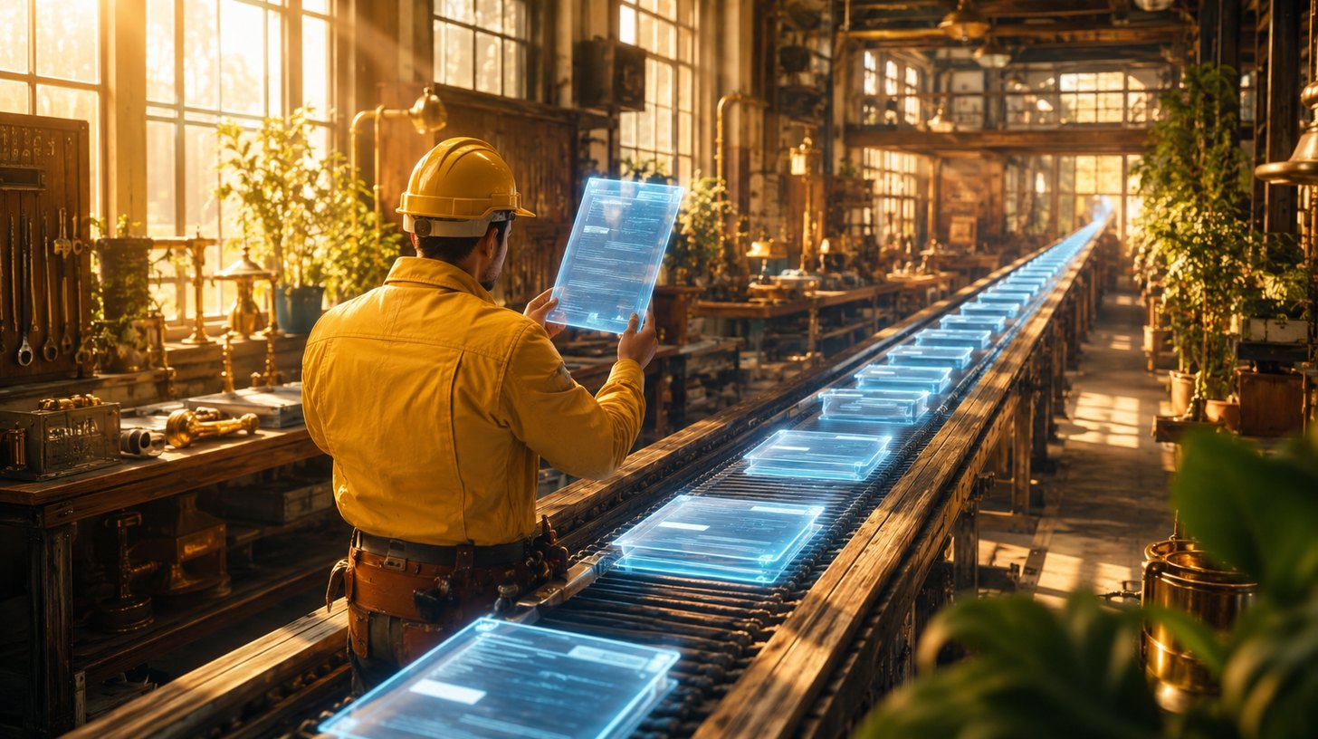 Invoices gliding along a glowing conveyor through an archway while a worker in a yellow uniform stops one of them to look closer