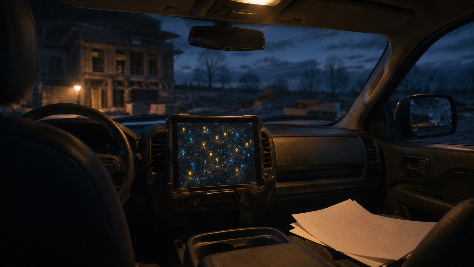 A tablet mounted on a pickup dashboard at dusk showing a dark map of yellow and blue job markers, with printed sheets left forgotten on the passenger seat and an unfinished building through the windshield