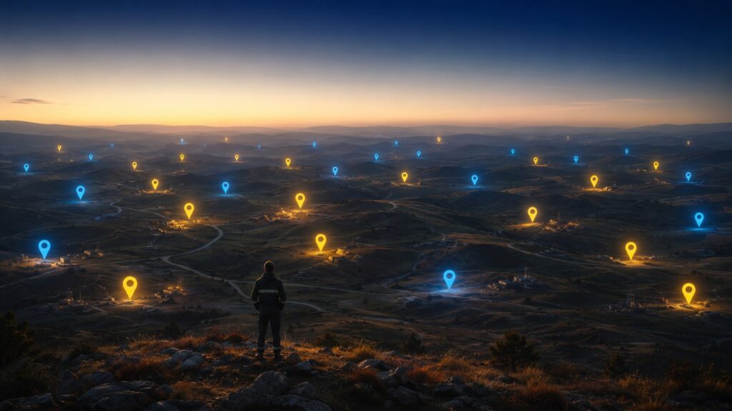 A contractor seen from behind on a rise at dusk, looking out over a wide territory where dozens of job sites glow as yellow and blue map markers