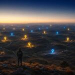 A contractor seen from behind on a rise at dusk, looking out over a wide territory where dozens of job sites glow as yellow and blue map markers