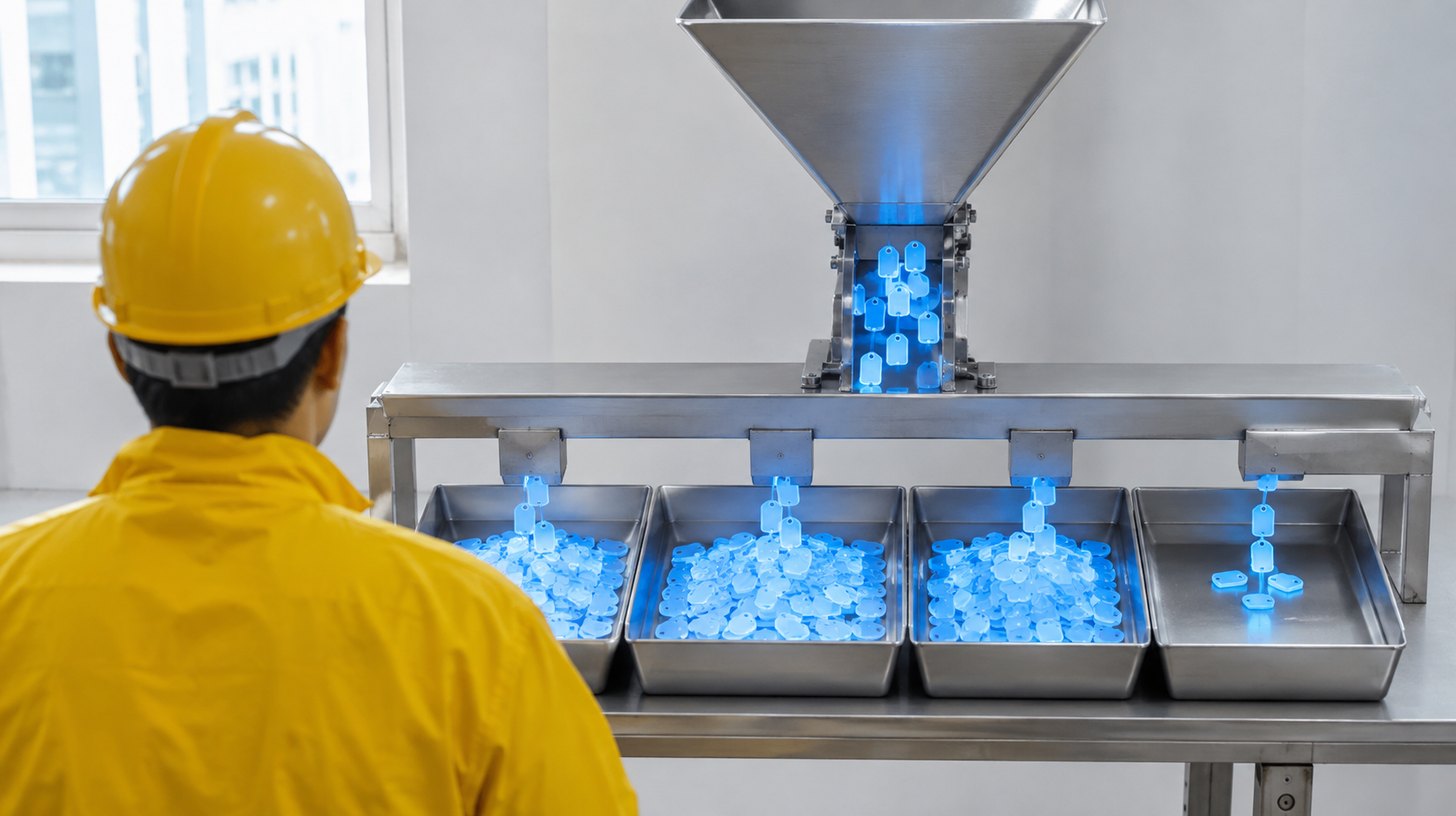 A brass machine sorting a stream of glowing blue tags into four separate trays
