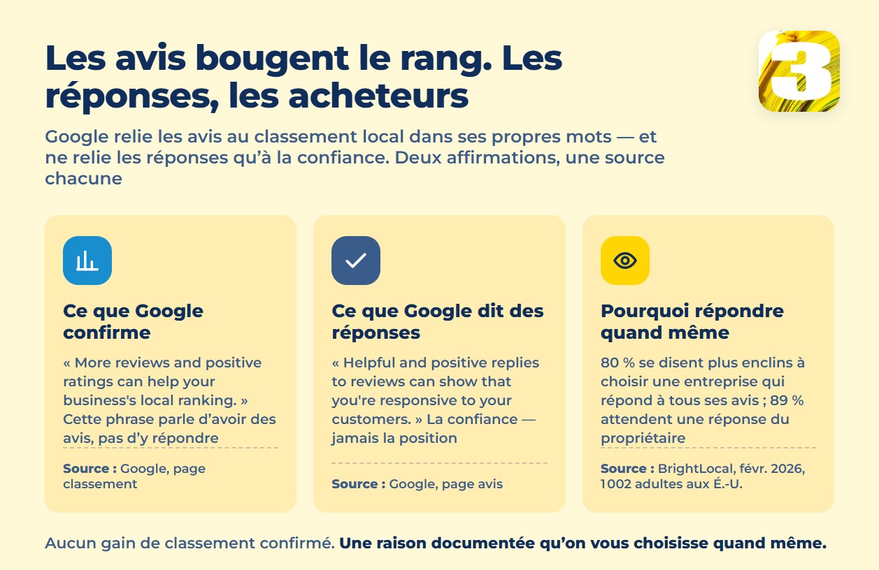 Infographie : ce que Google confirme sur les avis et ce qu’il dit des réponses