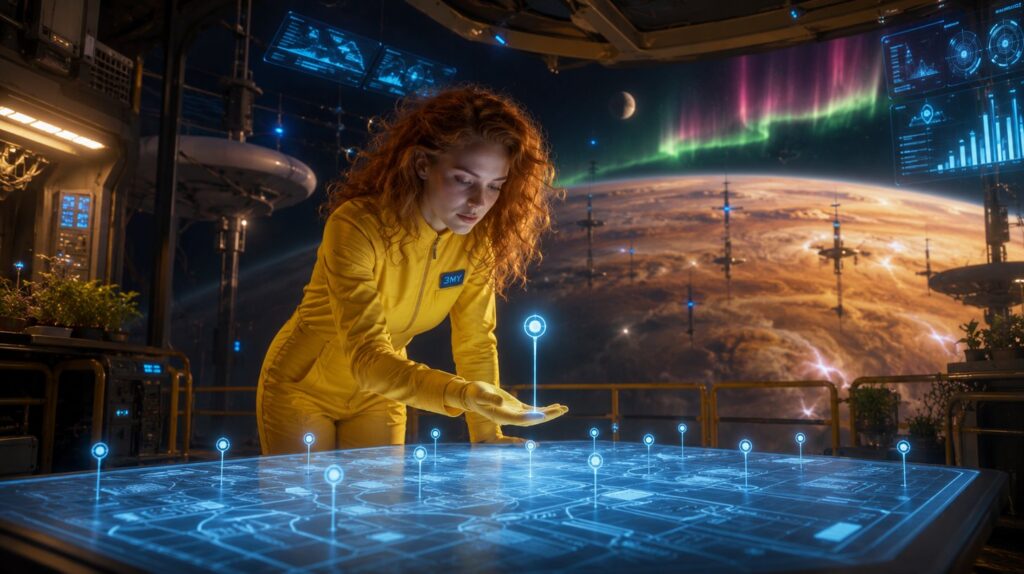A holographic map table where one marker pin is raised and lit above all the others