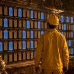 A worker in a yellow jacket before a long wall of hanging price tags, only some of them lit with a number