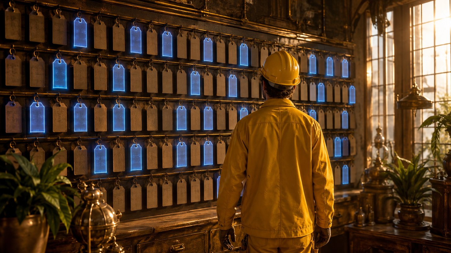A worker in a yellow jacket before a long wall of hanging price tags, only some of them lit with a number