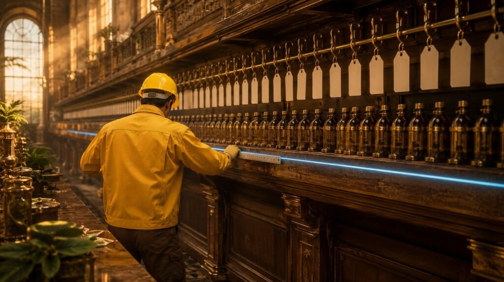 A worker in a yellow jacket drawing a single straight glowing line along the front edge of a long shelf of goods