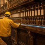 A worker in a yellow jacket drawing a single straight glowing line along the front edge of a long shelf of goods