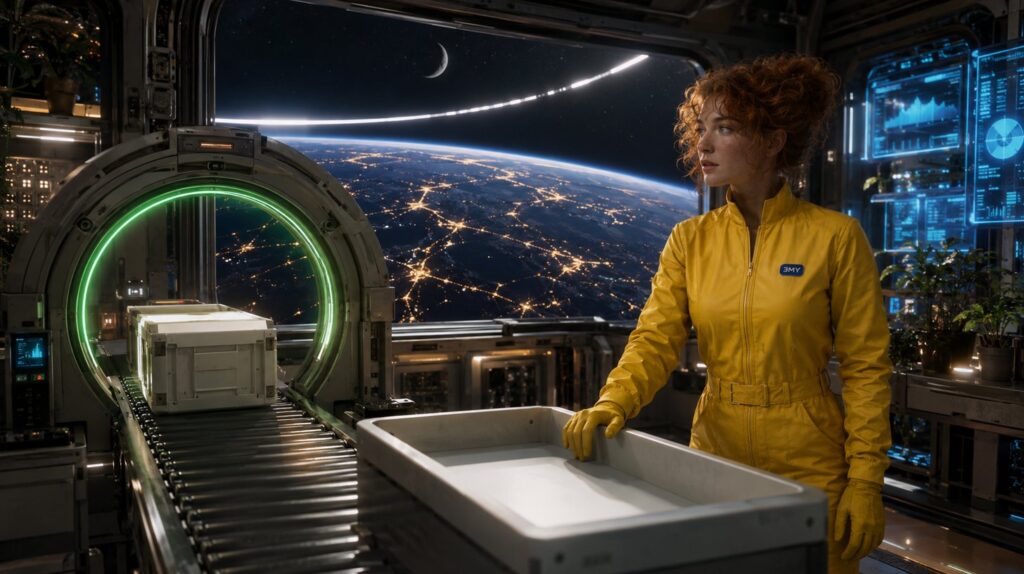 A scanning arch glowing green over a conveyor while the receiving tray behind it stays empty