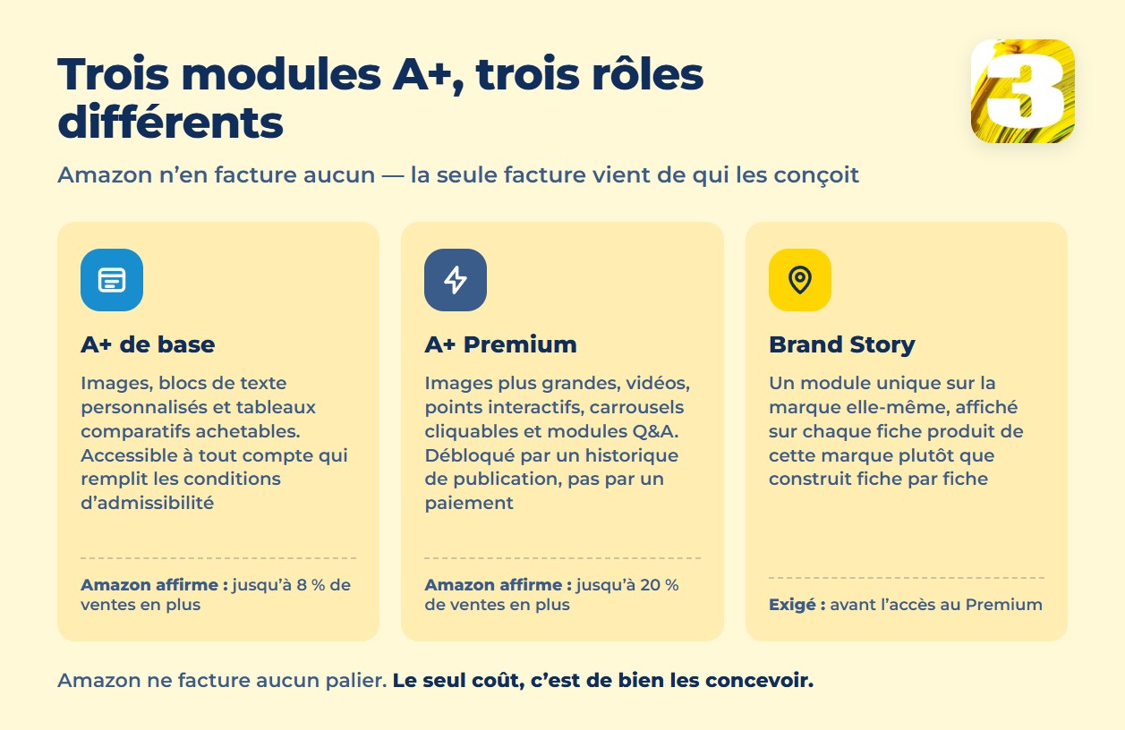 Infographie : A+ de base, A+ Premium et Brand Story comparés