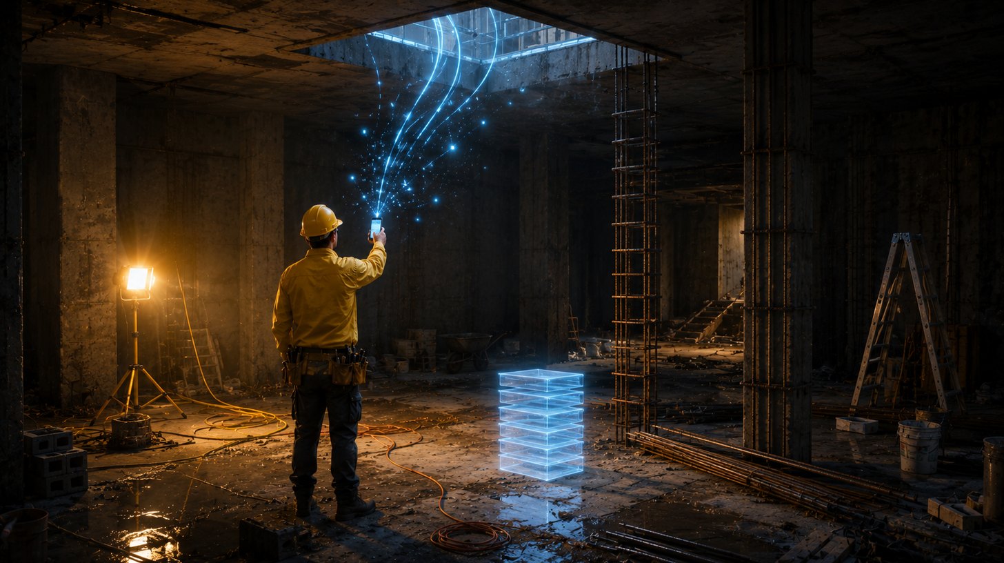 A worker holding up a phone in an unfinished concrete basement where signal arcs break apart before reaching it, while a stack of glowing cards waits nearby