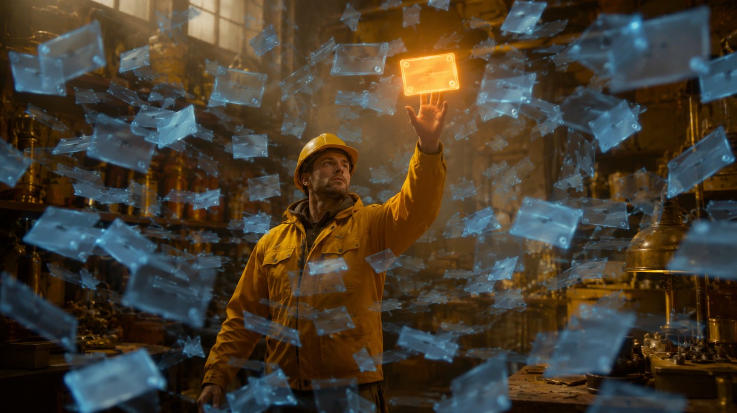 A worker surrounded by dozens of identical dim notification cards, reaching for the single one glowing bright