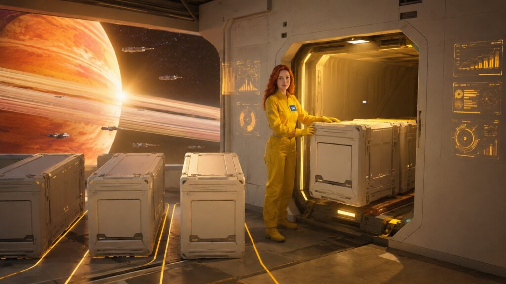 A single lit dispatch chute with one crate docked and three identical crates waiting outside it