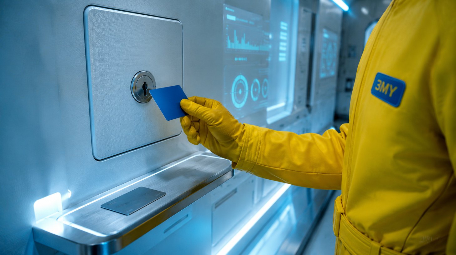 A gloved hand holding one of two blank key cards up to a locked access panel