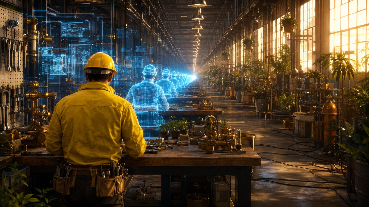 A worker at a workbench facing an endless receding line of glowing translucent copies of himself, each standing at an identical bench