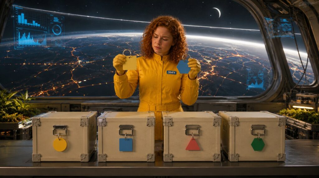 Four identical crates each carrying a differently shaped blank tag, compared by a crew member