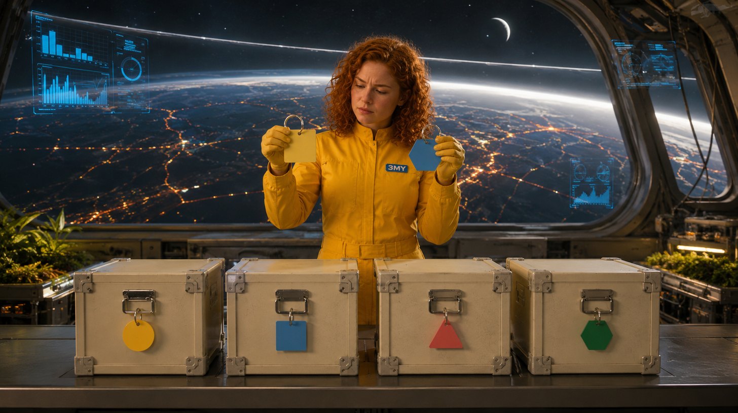 Four identical crates each carrying a differently shaped blank tag, compared by a crew member