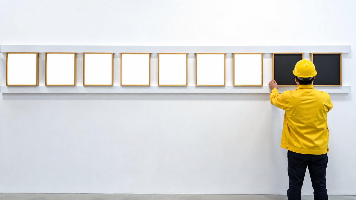 Nine frames in a row on a brass rail, the first seven lit and the last two dark
