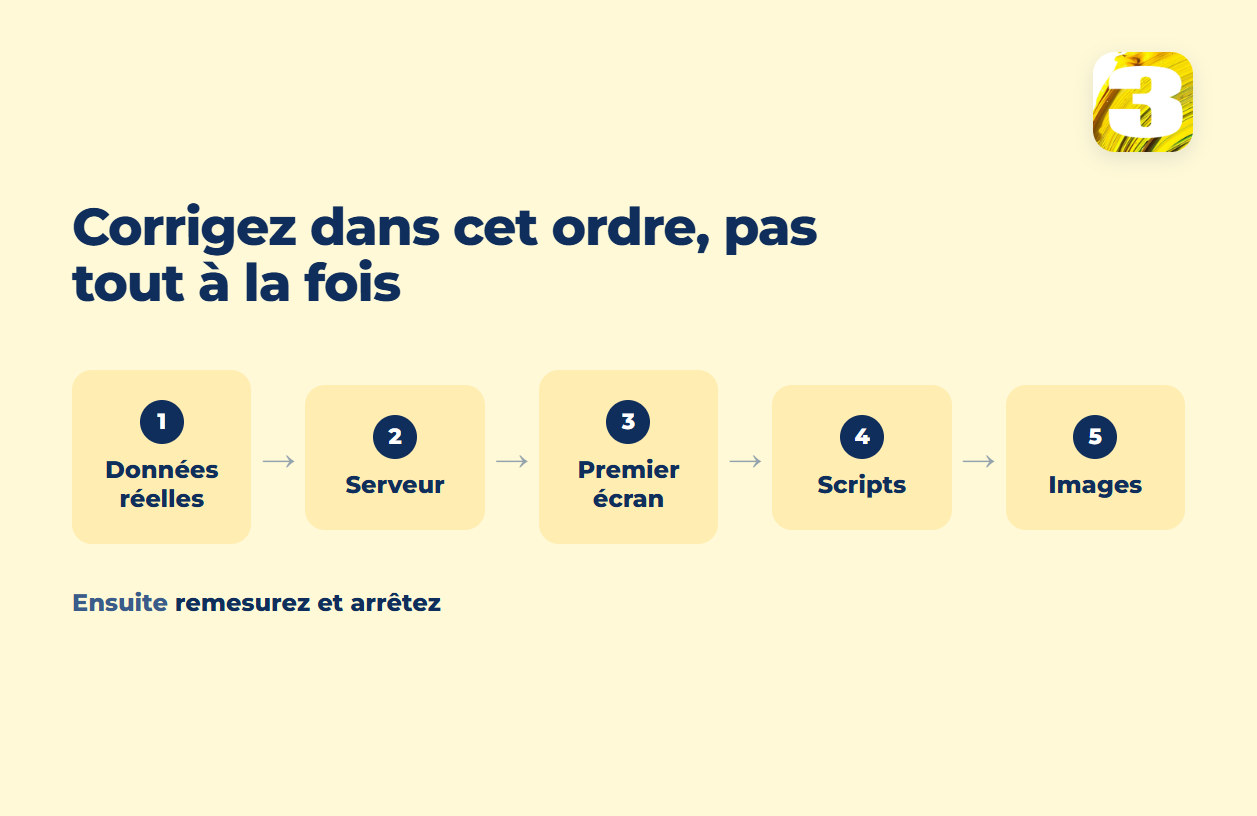 Schéma : cinq correctifs de vitesse dans l’ordre — données, serveur, premier écran, scripts, images