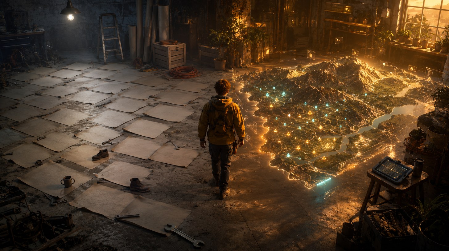 A garage floor covered in blank printed job sheets on one side and a glowing map of project markers on the other