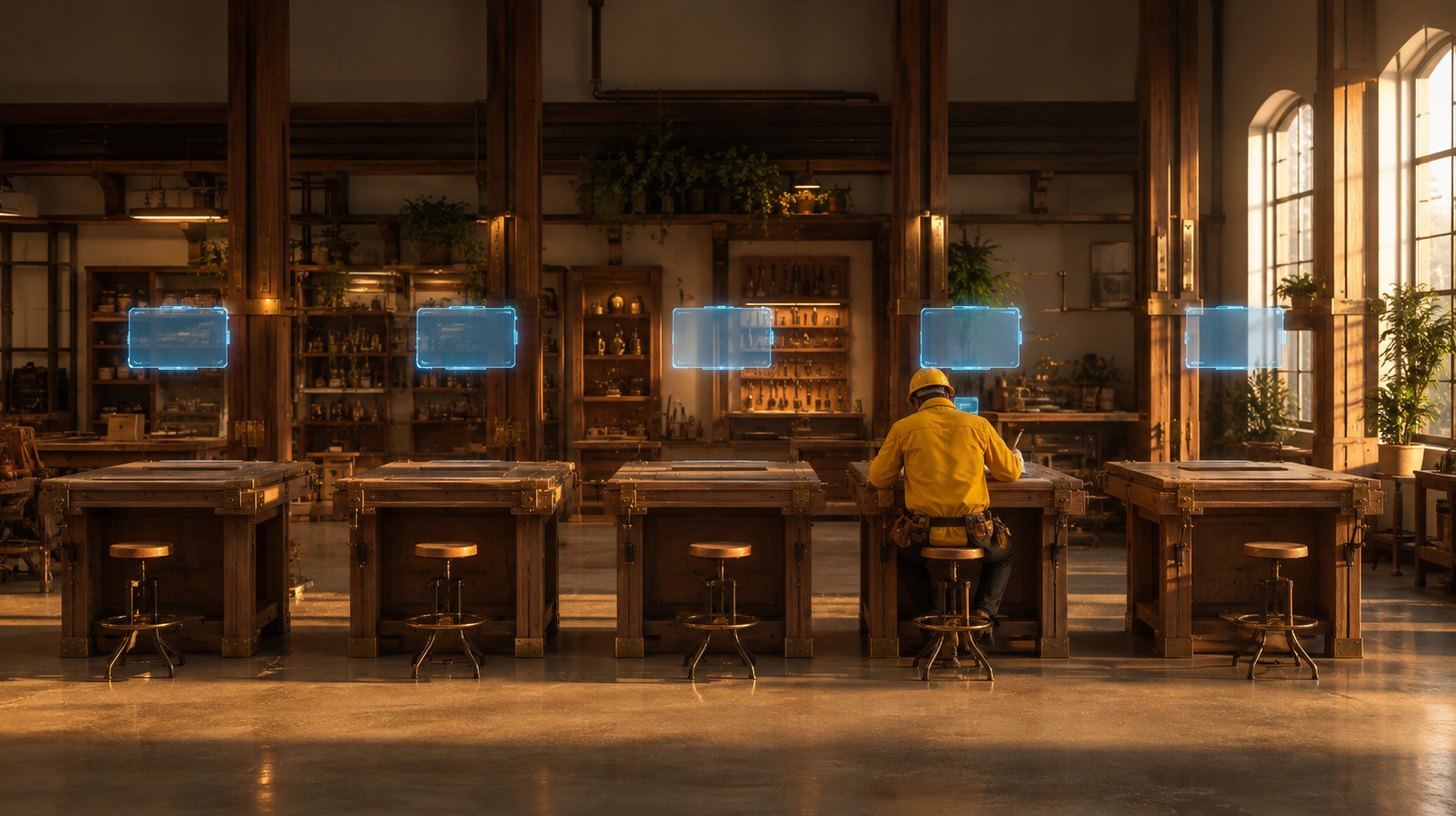 Five identical glowing desks in a row with only one worker in a yellow uniform seated, briefly signing a single document