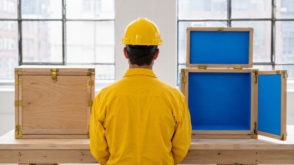 A plain closed crate beside an identical one unfolded into a glowing multi-panel display stand