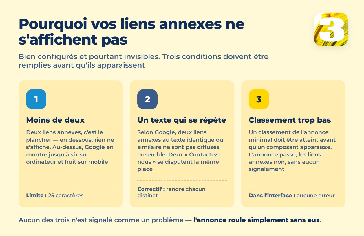 Infographie : trois conditions qui empêchent les liens annexes de s’afficher — trop peu, texte dupliqué, classement trop bas