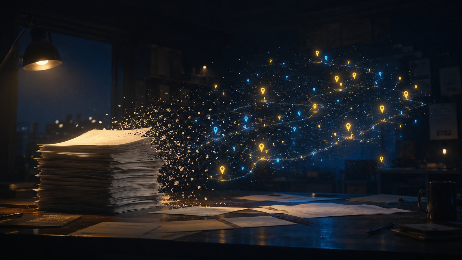 A stack of printed job sheets on a dark desk dissolving into a field of glowing yellow and blue map markers that form the shape of a territory