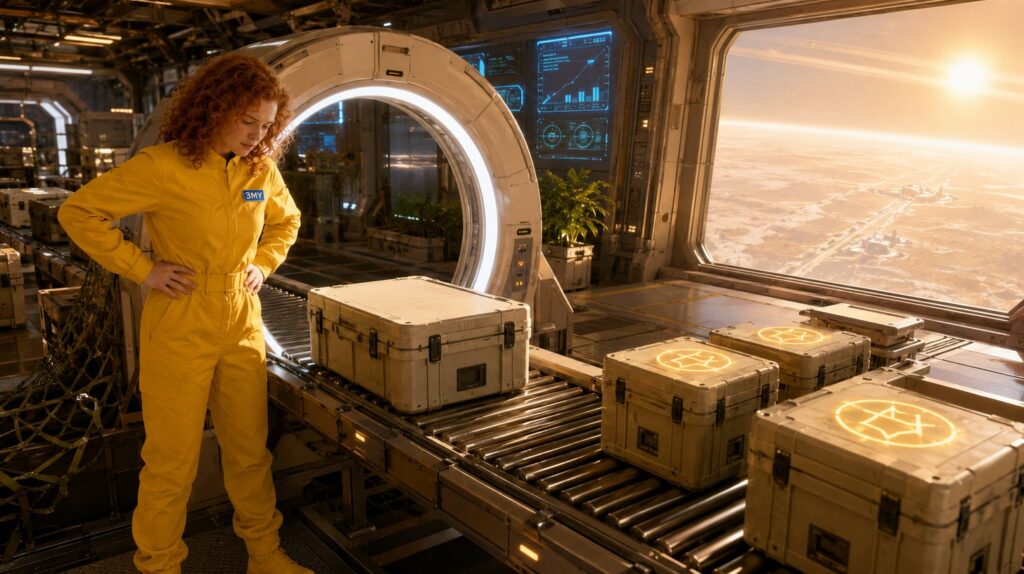 A line of crates leaving a scanning arch, each carrying a glowing mark except one that came through blank