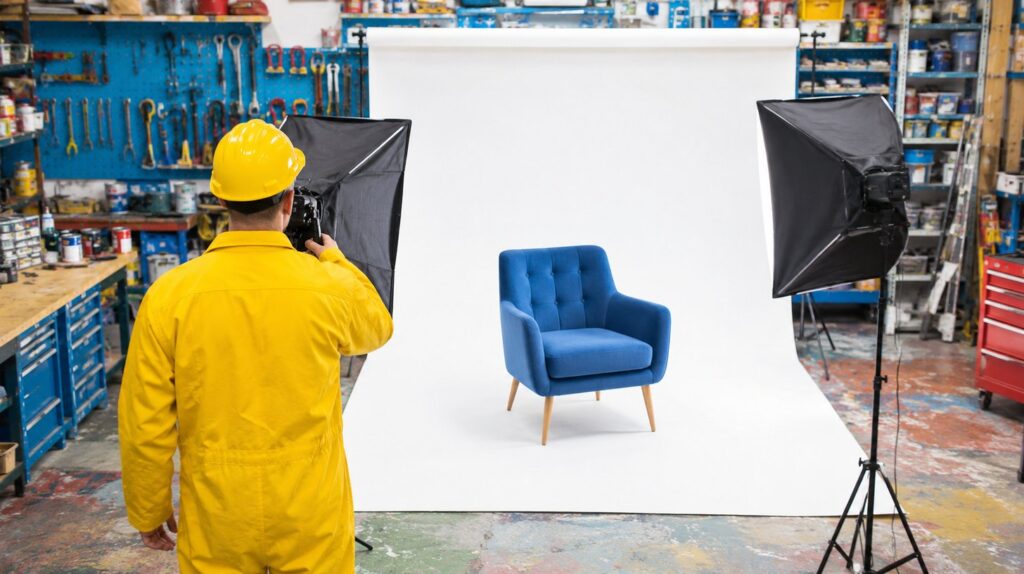 A pure white seamless product photography backdrop lit in the corner of a warm workshop