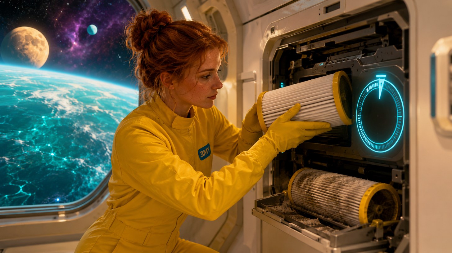 A crew member sliding a fresh filter cartridge into a life-support panel, the used one below