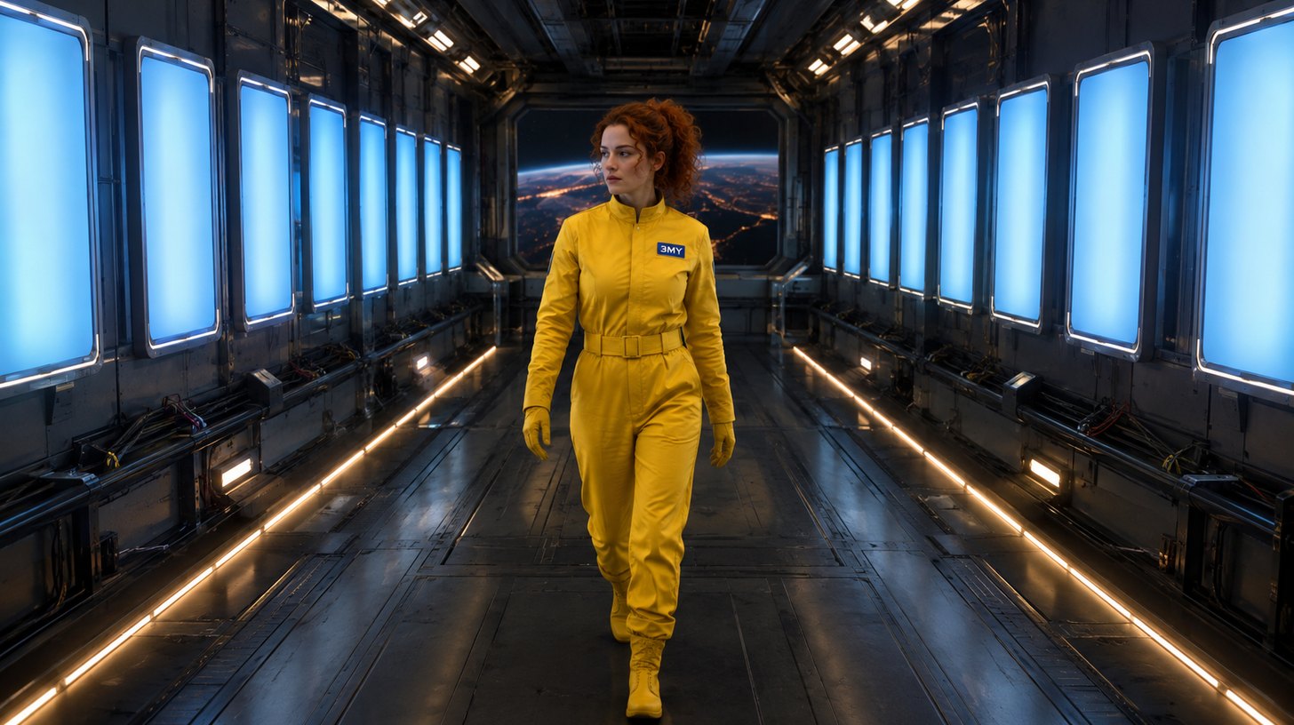 A corridor lined with the same illuminated panel repeated over and over as a crew member walks through