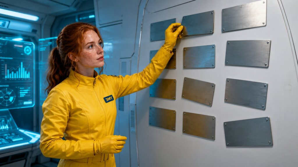 A bulkhead grid of identical blank nameplates with four hanging crooked and mismatched
