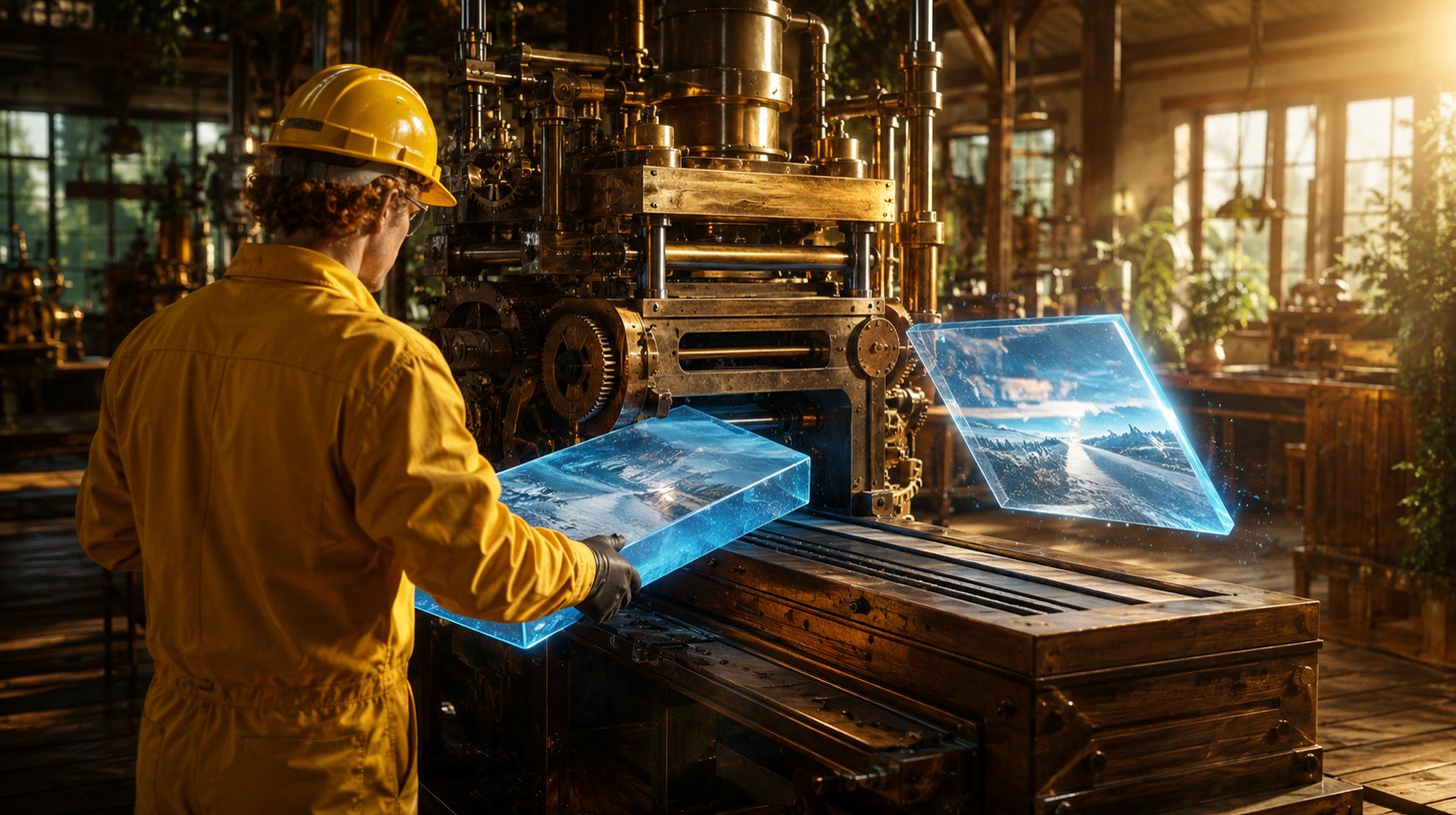 A worker feeding a thick glowing picture panel into a press and the same picture coming out thin and just as sharp