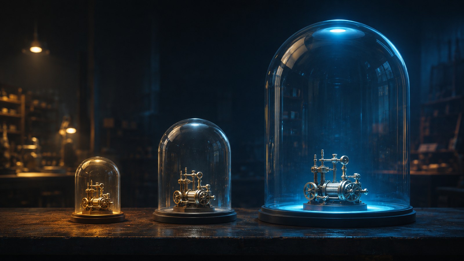 Three identical brass machines under glass domes of wildly different sizes, each lit differently — the same work packaged and staged three ways