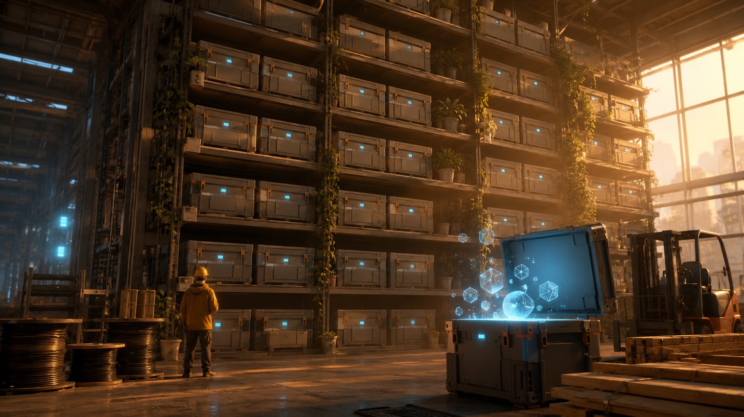 A tall depot shelf wall filled with dozens of identical sealed crates, with one crate opened and its contents floating out as glowing shapes