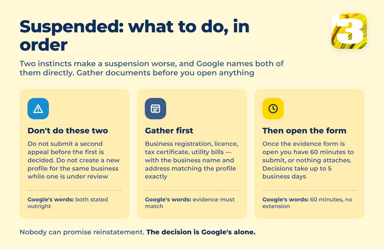 Infographic: the order of steps after a Google Business Profile suspension and the two mistakes to avoid