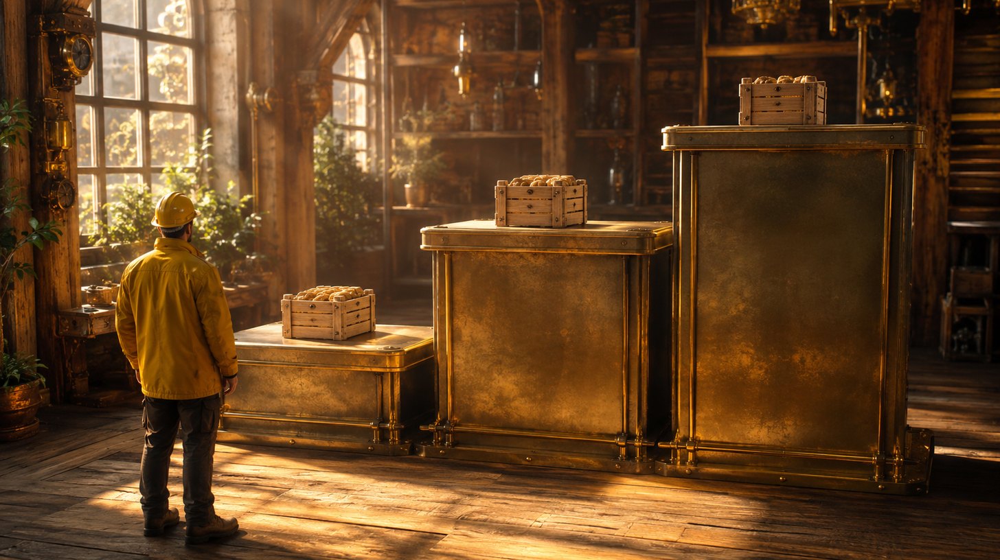 Three brass platforms of increasing height, each carrying an identical crate — the load never changes, only the height