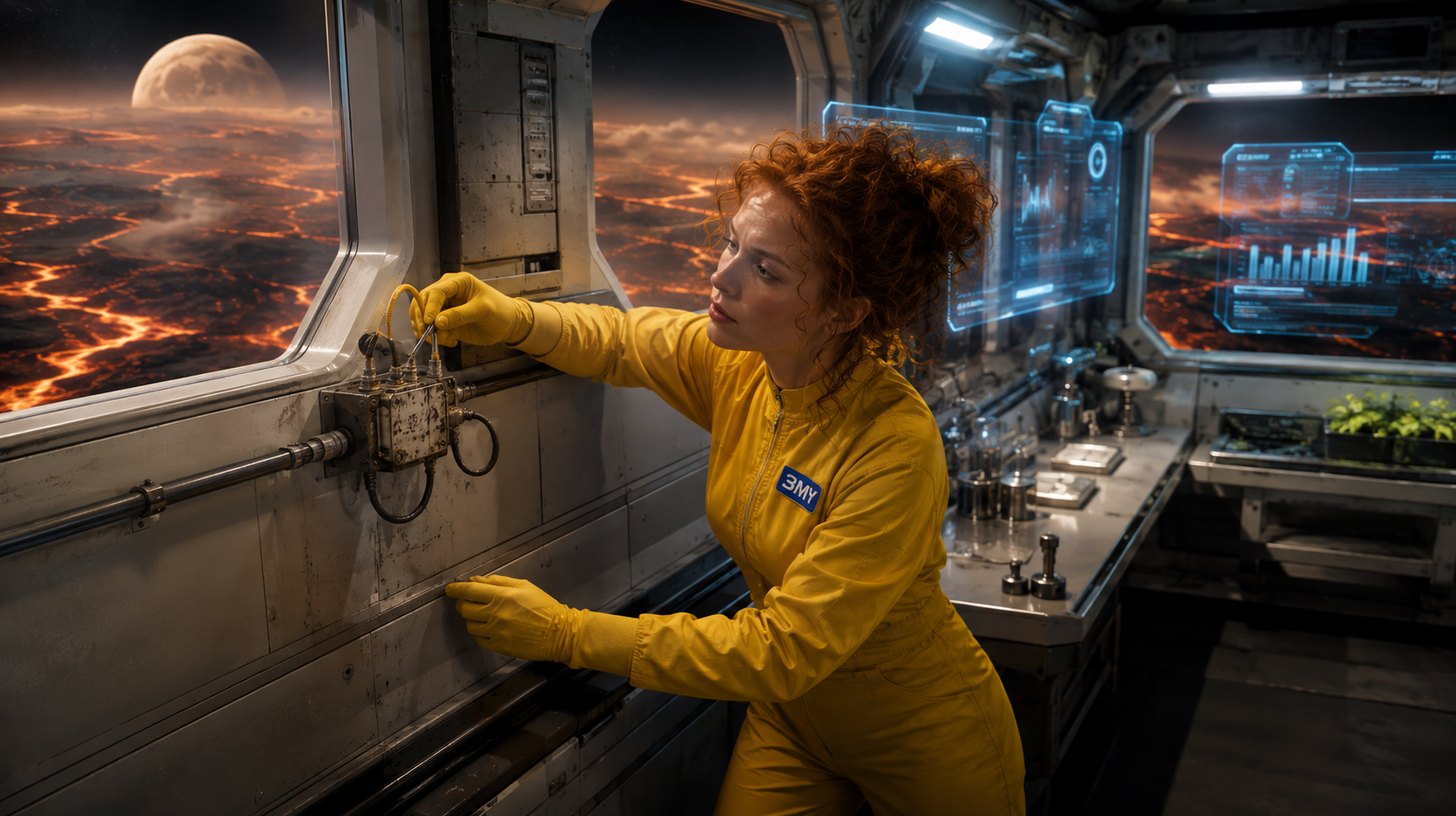 A crew member removing a small relay box bolted onto a wall panel beside a window