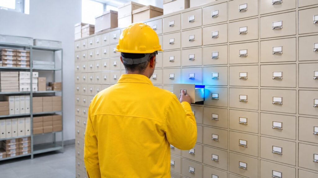 A brass cabinet of hundreds of drawers with exactly one open and glowing blue inside