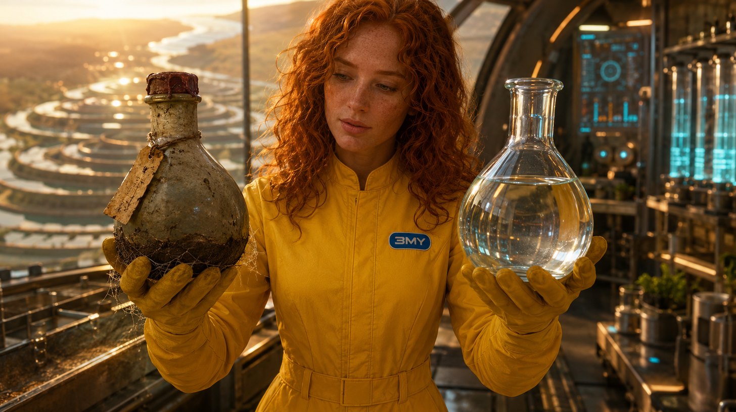 A dust-caked flask sealed with wax and a faded tag held up beside a spotless freshly filled one