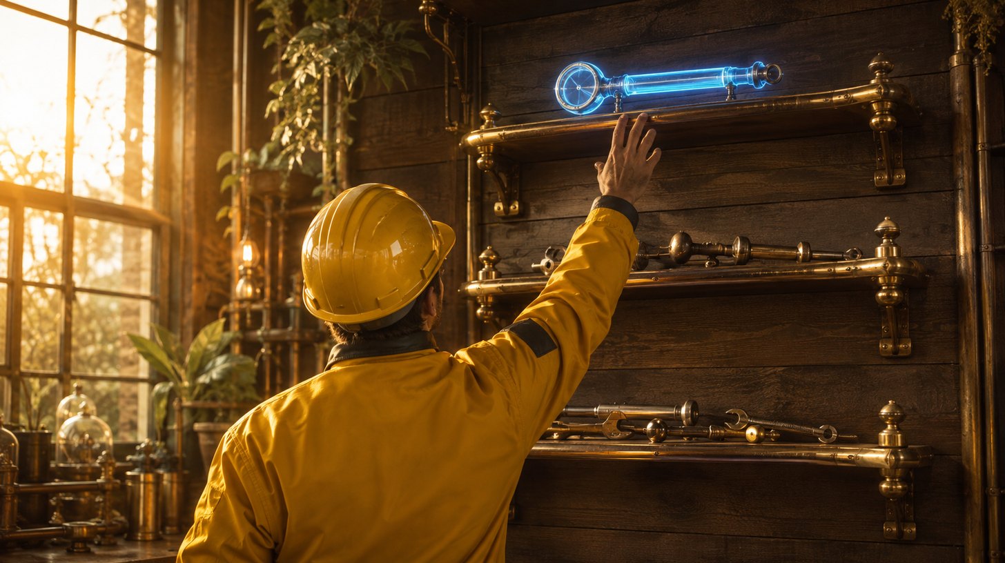 A worker reaching toward a single glowing instrument on the highest of three brass shelves while the lower shelves hold only plain tools