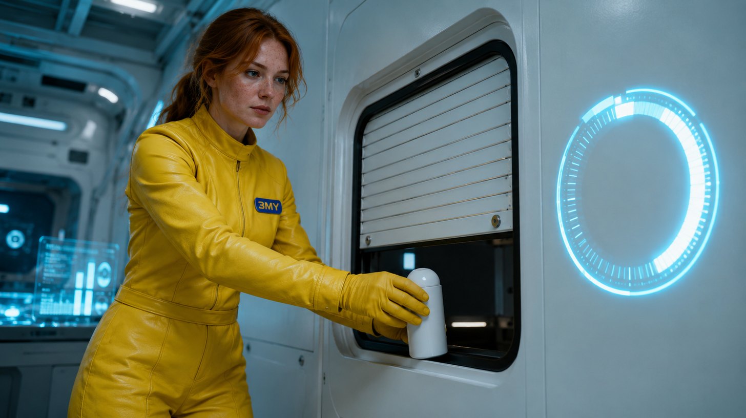 A delivery hatch with its shutter coming down beside a holographic ring timer