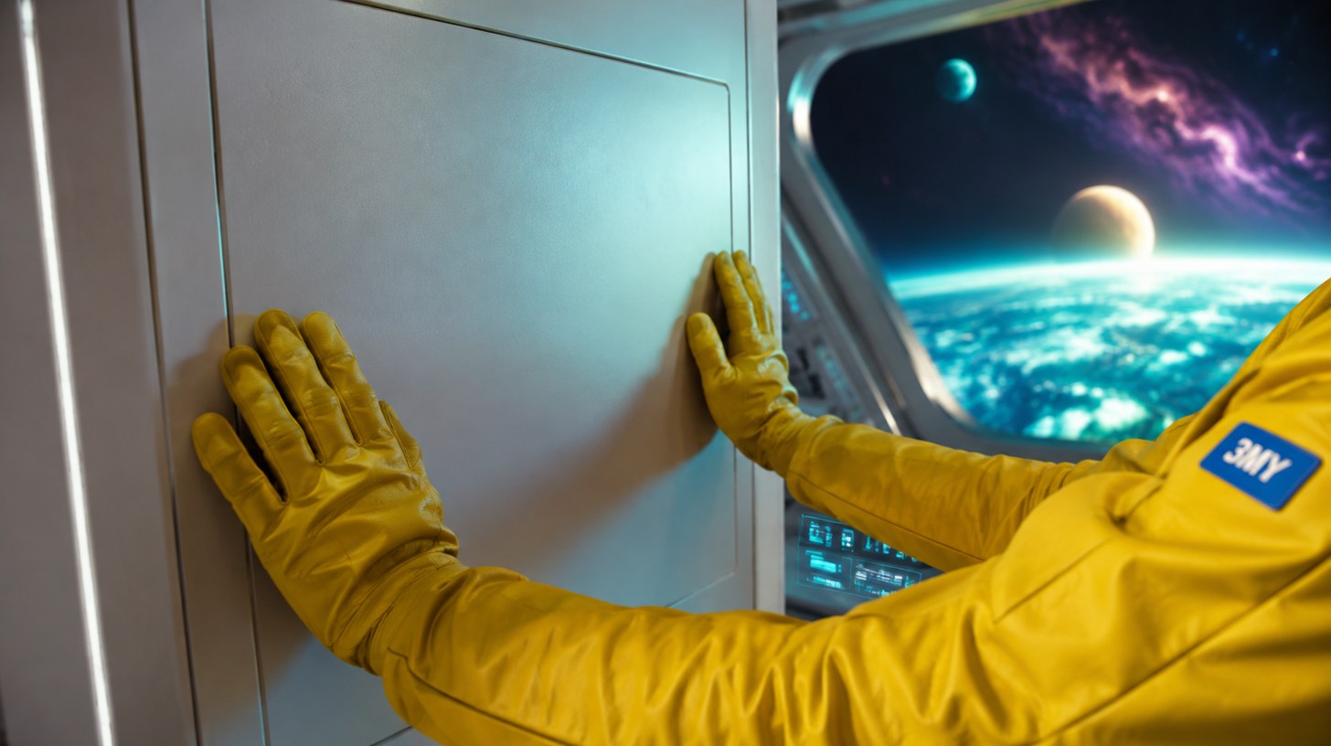 Gloved hands pressing against a smooth wall panel with no handle, hinge or seam