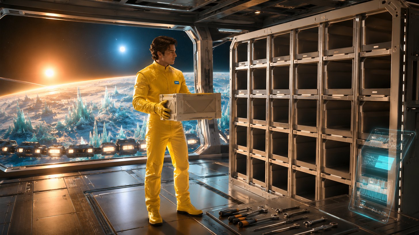 A finished storage rack with empty slots, a crew member placing the first crate into it