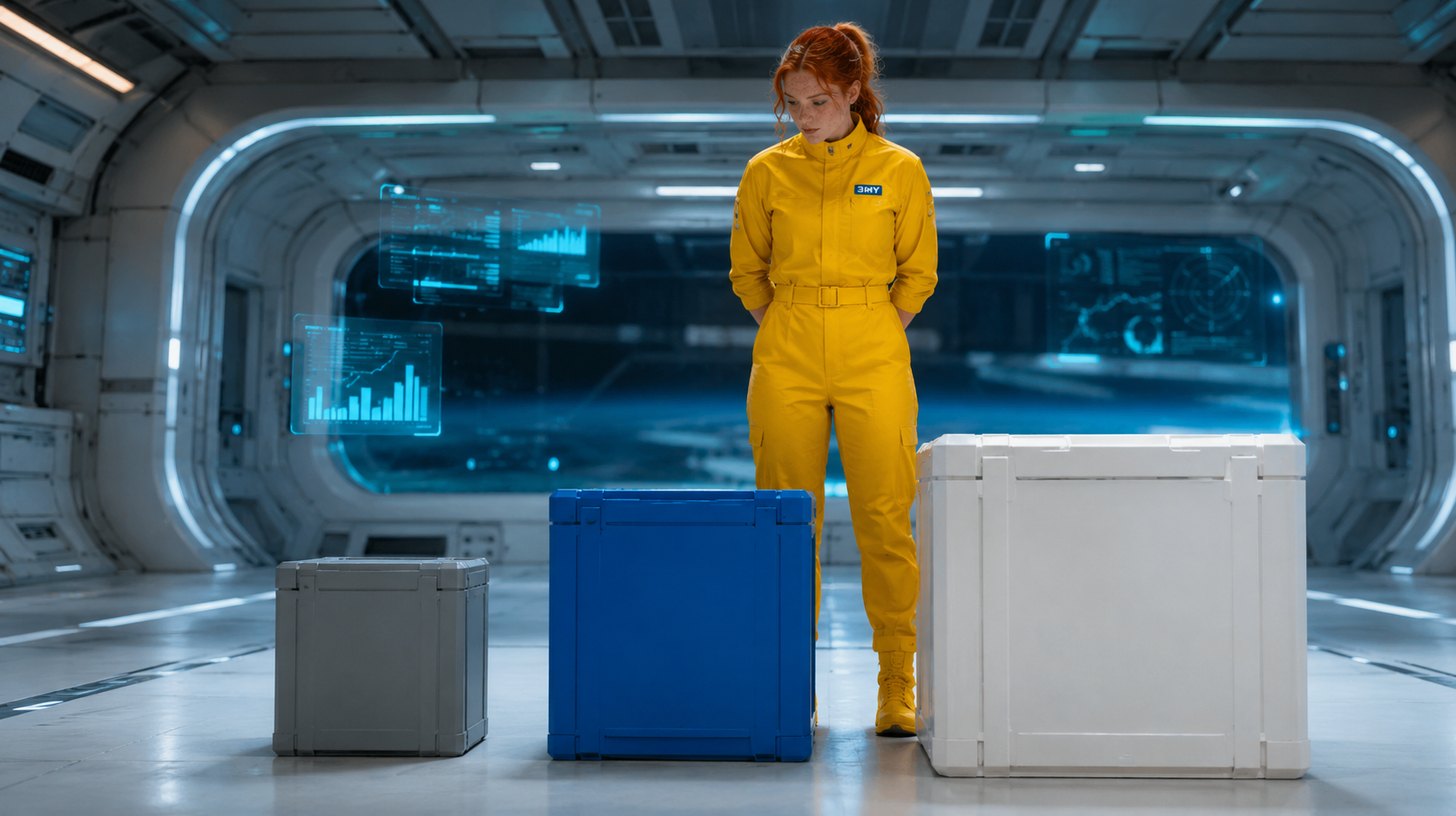 Three cargo containers of clearly different sizes standing apart on a bright cargo deck