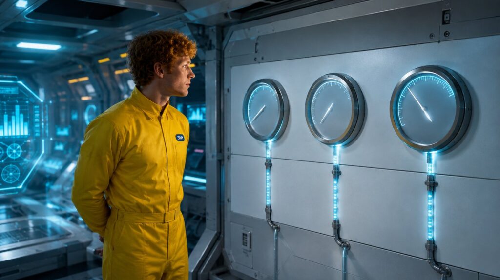 Three identical gauges in a row on a ship bulkhead, their single needles at different levels